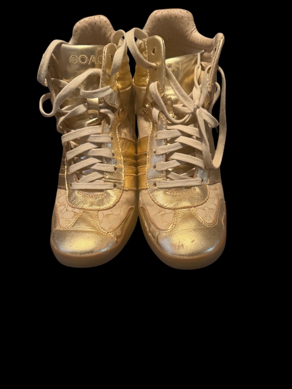 Coach Allegra Gold & Tan Wedge Sneakers US 9 Like New